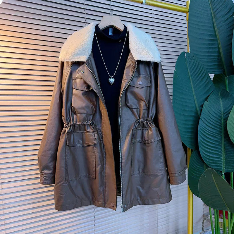 大码女装毛毛翻领收腰中长款PU皮外套胖妹妹冬季款欧洲站洋气大衣,淘宝优惠券,粉丝福利购,淘宝优惠卷