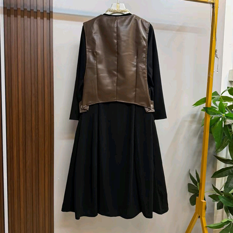 大码女装圆领皮马甲长袖连衣裙胖妹妹复古街头时尚休闲遮肉两件套,淘宝优惠券,粉丝福利购,淘宝优惠卷