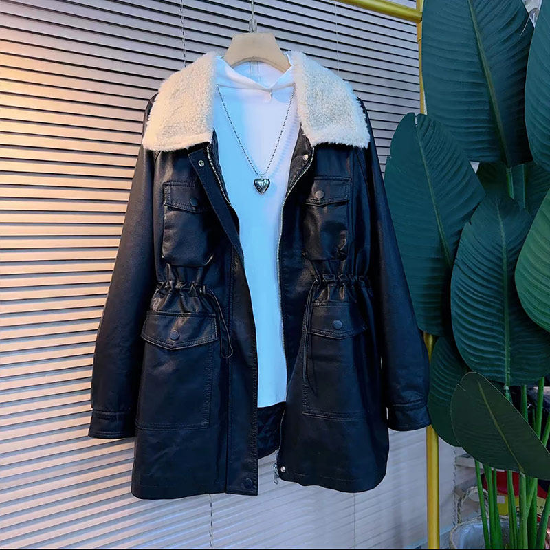 大码女装毛毛翻领收腰中长款PU皮外套胖妹妹冬季款欧洲站洋气大衣,淘宝优惠券,粉丝福利购,淘宝优惠卷