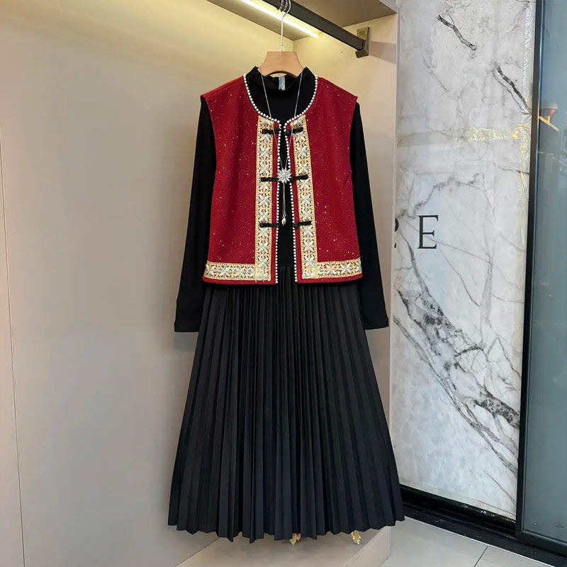 加肥拼色边盘扣马甲百褶裙摆长袖连衣裙大码女装复古风时尚两件套,淘宝优惠券,粉丝福利购,淘宝优惠卷