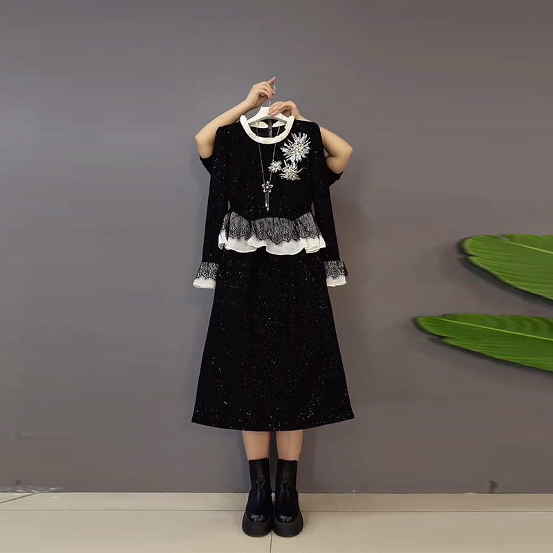 胖MM显瘦拼色蕾丝底摆长袖上衣半身裙加肥大码女装气质时尚两件套,淘宝优惠券,粉丝福利购,淘宝优惠卷