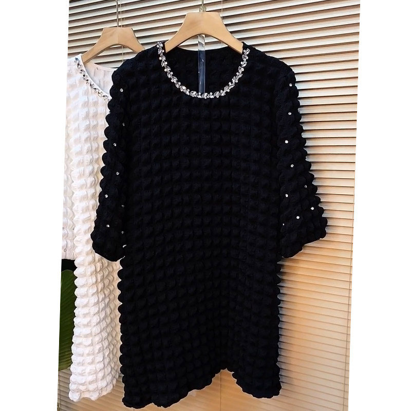 大码女装个性设计加肥中长款纯色裙子胖MM圆领烫钻泡泡格棉连衣裙,淘宝优惠券,粉丝福利购,淘宝优惠卷