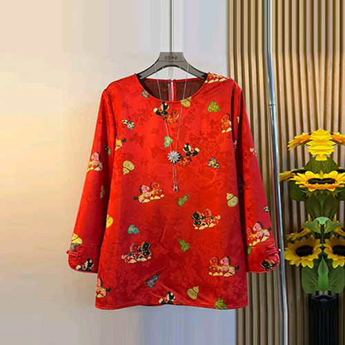 加大码女装圆领七分袖卡通图案小衫胖妹妹显瘦宽松松紧腰黑色裤子 - 图2