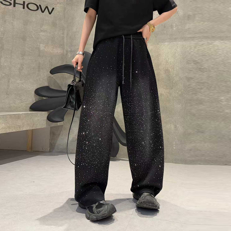 加肥松紧腰亮钻弯刀阔腿长裤胖妹妹宽松遮胯欧洲站洋气减龄休闲裤,淘宝优惠券,粉丝福利购,淘宝优惠卷