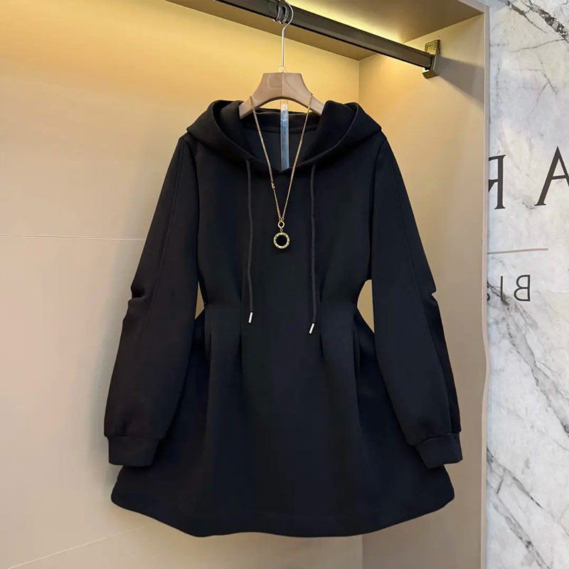 胖妹妹加肥连帽长袖收腰卫衣韩版大码女装黑色显瘦2025秋冬款上衣,淘宝优惠券,粉丝福利购,淘宝优惠卷