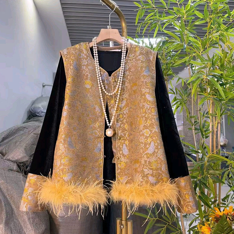 加肥毛毛暗花国风马甲拼色袖口小衫加肥大码女装复古风显瘦两件套,淘宝优惠券,粉丝福利购,淘宝优惠卷