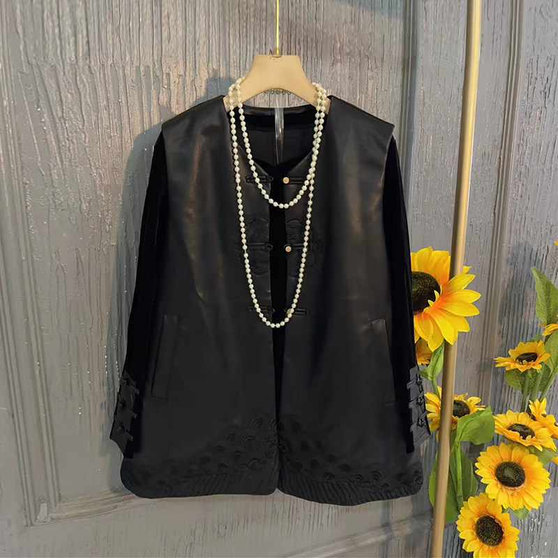 加大码女装压花底摆PU皮马甲盘扣袖口长袖小衫松紧腰丝绒黑色裤子,淘宝优惠券,粉丝福利购,淘宝优惠卷