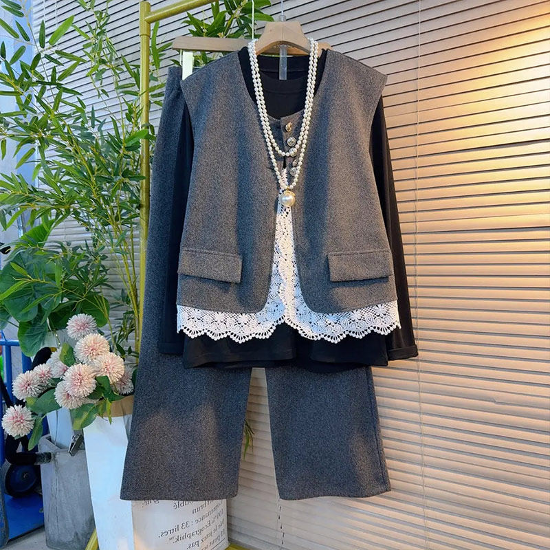 胖妹妹拼接蕾丝边毛呢马甲长袖打底衫阔腿长裤大码女装秋季三件套,淘宝优惠券,粉丝福利购,淘宝优惠卷