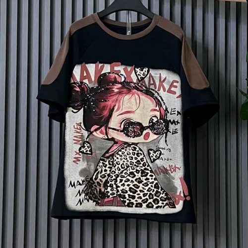 胖妹妹圆领短袖卡通图案T恤衫大码女装韩版秋冬款学院风百搭上衣 - 图3