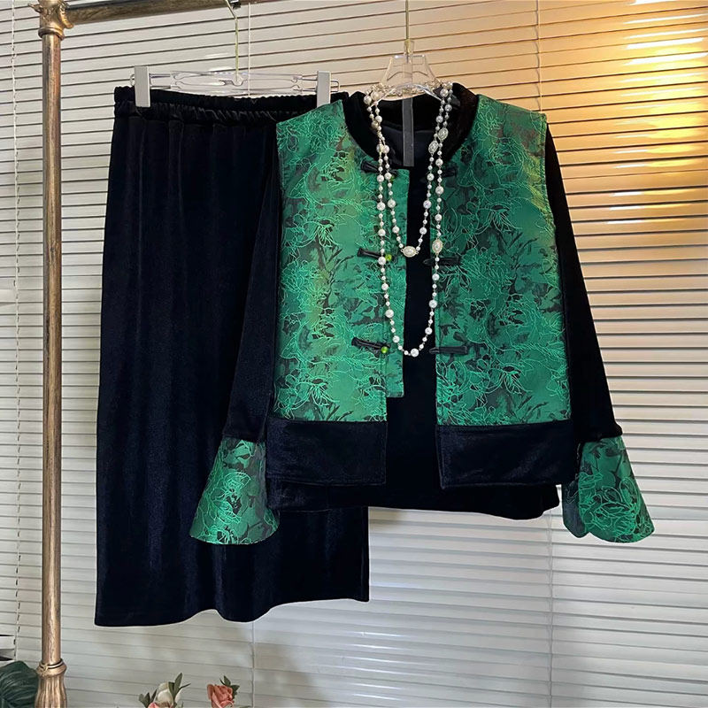 加肥盘扣国风马甲微喇袖口打底衫半身裙胖MM法式复古风显瘦三件套,淘宝优惠券,粉丝福利购,淘宝优惠卷