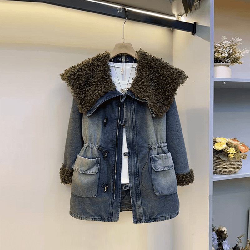 胖妹妹毛毛披肩领收腰牛仔棉服外套大码女装欧洲站冬季款洋气上衣,淘宝优惠券,粉丝福利购,淘宝优惠卷