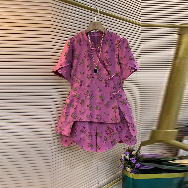 大码女装立领不规则底摆盘扣短袖上衣胖妹妹夏季款松紧腰花朵短裤,淘宝优惠券,粉丝福利购,淘宝优惠卷