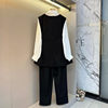 V-neck waistcoat, lapel shirt, straight trousers