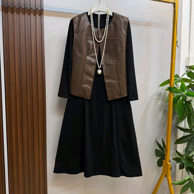 大码女装圆领皮马甲长袖连衣裙胖妹妹复古街头时尚休闲遮肉两件套,淘宝优惠券,粉丝福利购,淘宝优惠卷