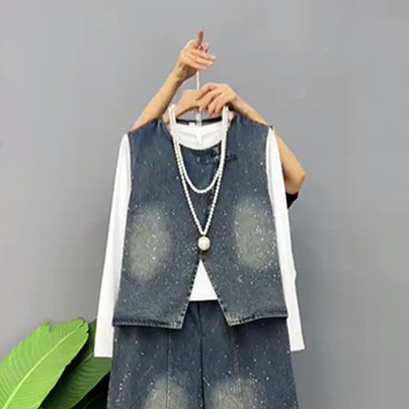 加大码女装圆领盘扣马甲阔腿长裤牛仔两件套胖妹妹圆领长袖打底衫,淘宝优惠券,粉丝福利购,淘宝优惠卷