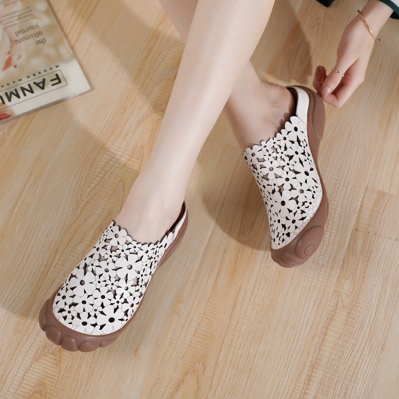 1189春夏真皮牛皮妈妈凉拖手工花朵镂空洞洞中跟圆头包头女拖鞋新,淘宝优惠券,粉丝福利购,淘宝优惠卷