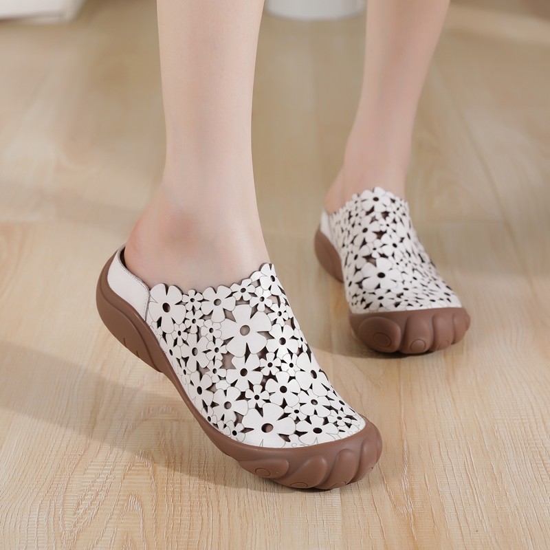 1189春夏真皮牛皮妈妈凉拖手工花朵镂空洞洞中跟圆头包头女拖鞋新,淘宝优惠券,粉丝福利购,淘宝优惠卷