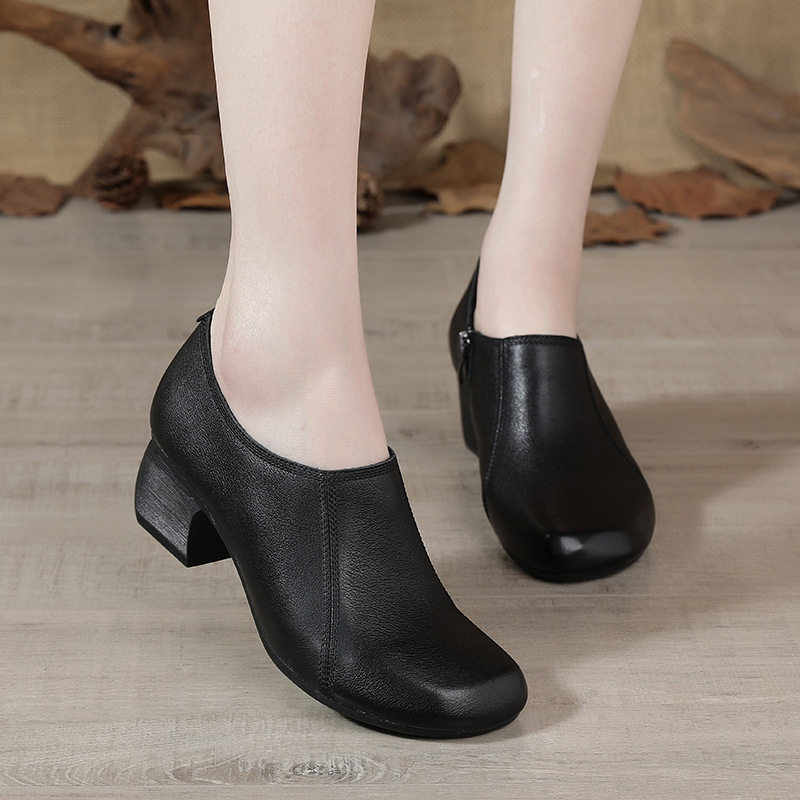 3306真皮深口单鞋女春秋圆头民族风妈妈鞋复古中粗跟软底增高女鞋,淘宝优惠券,粉丝福利购,淘宝优惠卷