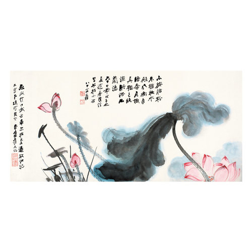 张大千水殿风荷嘉藕图莲花横款布画芯大写意国画装饰画简约淡雅 - 图3