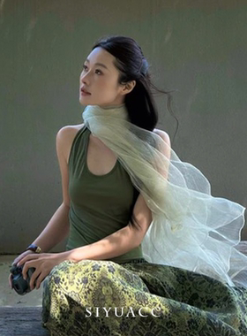 浅绿薄款网纱文艺系脖披肩围巾女