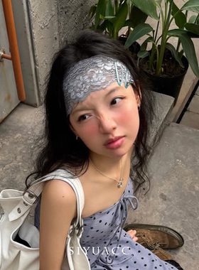 日韩雾霾灰蕾丝宽边弹力发带头饰