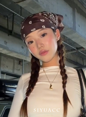 美式辣妹薄款棕色腰果方巾头巾女