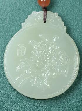 天然和田玉圆形菊花挂件吊坠玉佩