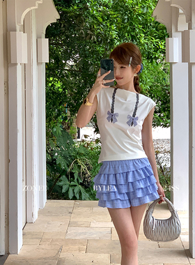 ZONEE 春日格纹 法式原创设计时髦感百搭夏日蓝色蛋糕短款裙裤女