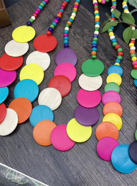 2022新款波西米亚大圆片木质圆珠项链 民族风百搭欧美复古配饰女