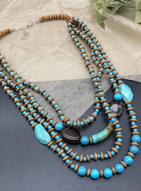 复古民族风木质绿松石多层项链女波西米亚长款毛衣链个性时尚配饰