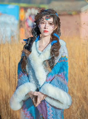 秋季流苏度假风女毛毛球装饰披肩
