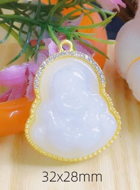 琉璃仿白玉镶金点钻吊坠 新疆和田白玉阿富汗白玉观音佛树叶玉佩