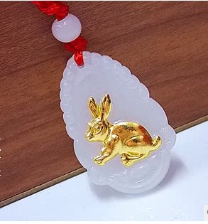12生肖黄金镶玉吊坠直销和田玉十二生肖属相男女黄金项链兔羊虎龙 - 图1
