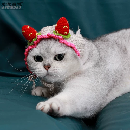Шапка, клубника, трикотажный шлем ручной работы, шерстяной милый аксессуар для волос подходит для фотосессий, домашний питомец, кот
