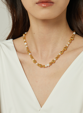 法式复古珍珠金属小球锁骨项链