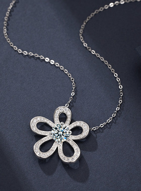 s925纯银莫桑石太阳花项链ins爆款感满钻五瓣花吊坠礼物首饰