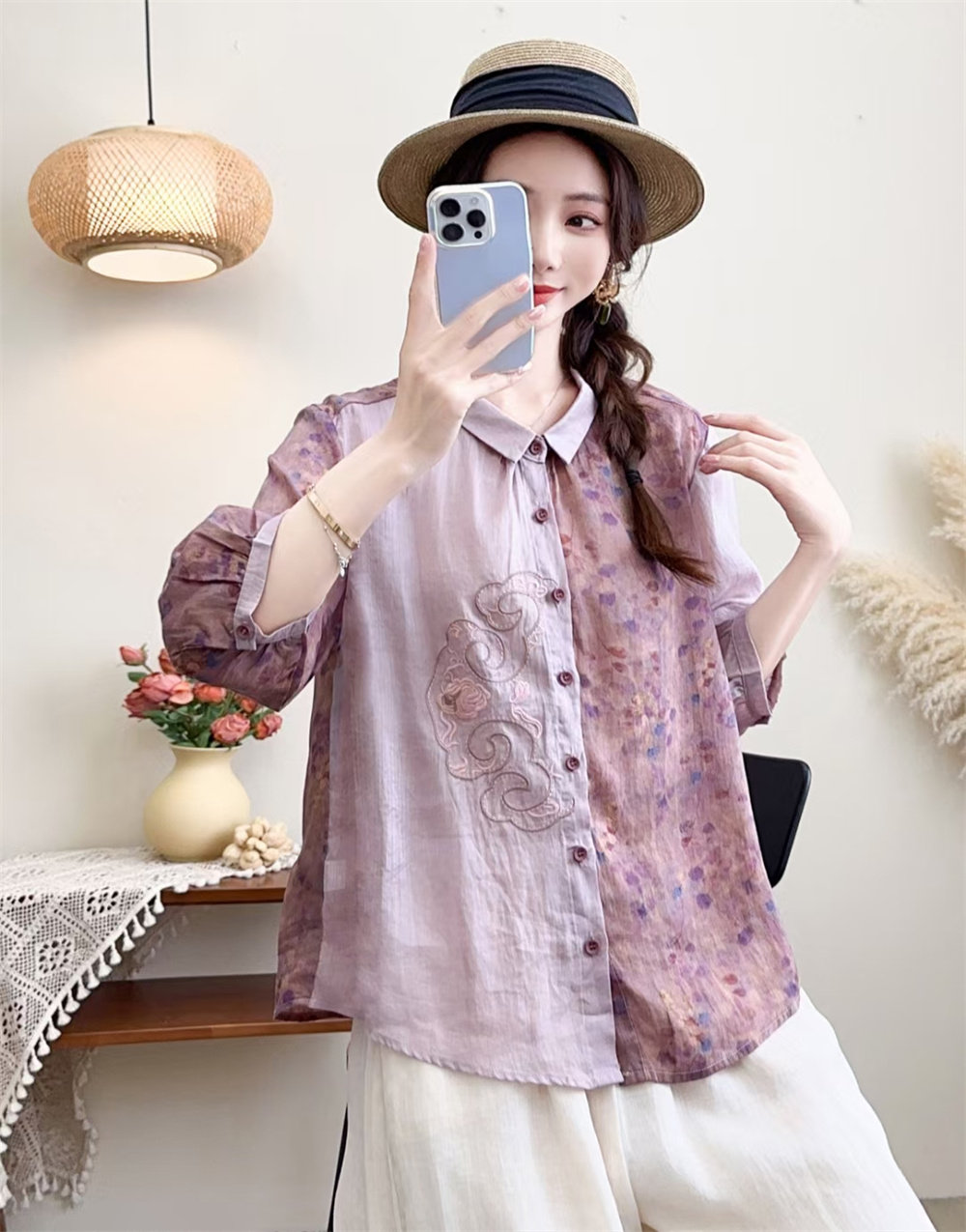 夏季新款复古风苎麻绣花拼接印花半袖方领衬衫女宽松显瘦薄款衬衣,淘宝优惠券,粉丝福利购,淘宝优惠卷