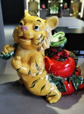 石湾公仔陶瓷摆件大师精品十二生肖柿子老虎事事如意福禄电视玄关