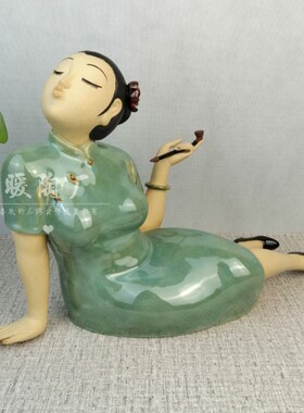 石湾公仔陶瓷摆件大师精品仕女仁美民国烟斗旗袍女古典茶室客厅玄