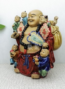 石湾公仔陶瓷大师笑佛多子弥勒佛五子登科送子客厅玄关摆件