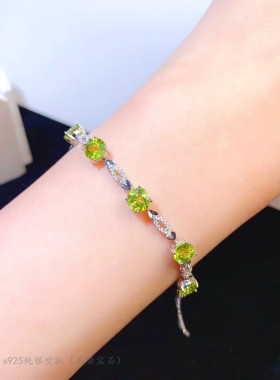 s925纯银手链空托镶钳橄榄石绿色