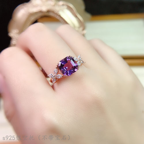 s925纯银戒指空托 正方形8*8mm镶钳熏衣草紫水晶 粉晶 时尚公主方 - 图2