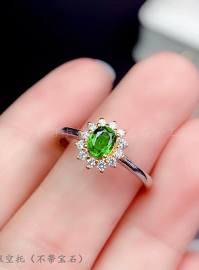 s925纯银戒指空托 椭圆4*5mm镀双色 镶钳透辉石 晶石经典大钻气质