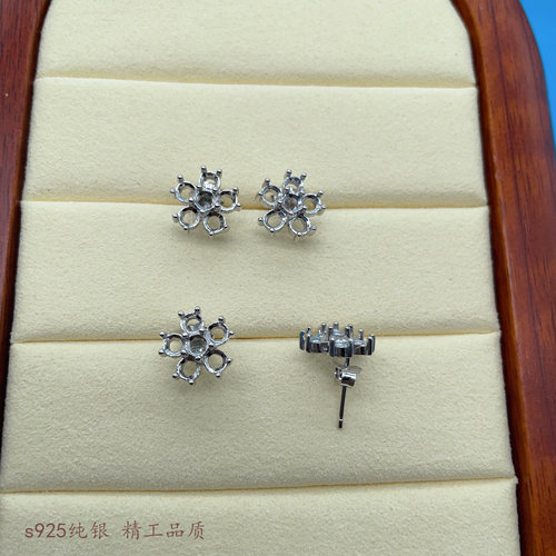 s925纯银 圆形2*2 2.5*2.5 3*3mm耳钉空托 群镶钳蛋面 晶石梅花款 - 图0