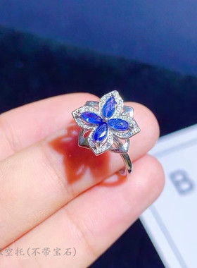 纯银戒指空托精工蓝宝石甜美