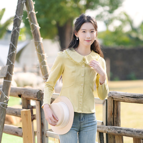 ATAR2025春装新款甜美百搭牛仔衬衣蕾丝拼接衣领收腰显瘦小版外套 - 图2