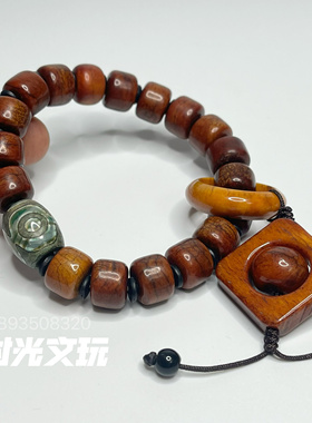 西藏原创烤色牦牛骨手串藏式民族风三眼天珠男女佛珠单圈文玩手链