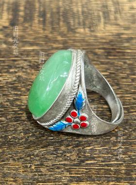 复古民族风霸气男女镶嵌玉石阳绿戒面开口戒指扳指环影视用具手饰