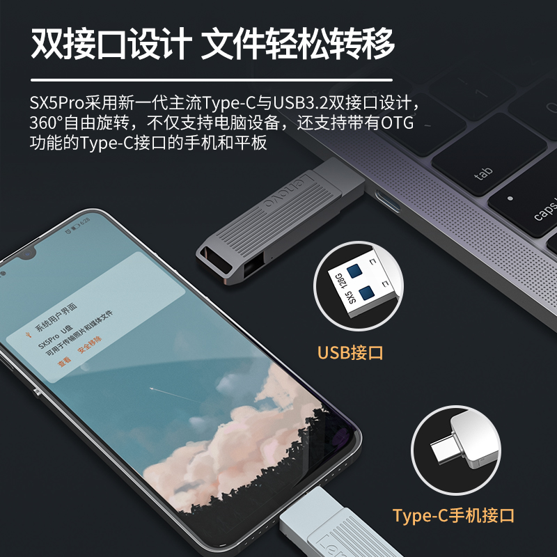 联想(Lenovo)固态U盘256G 512G Type-C双接口 USB3.2 SX5读速500M - 图0