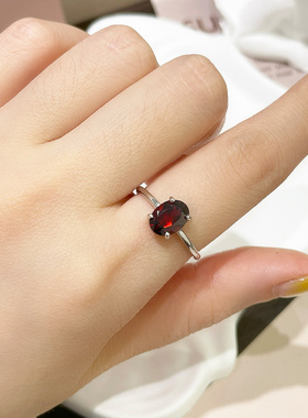 天然红石榴石戒指S925纯银可调节